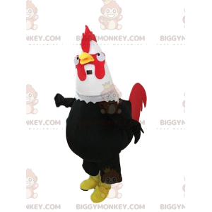 Traje de mascote de galo gigante preto, vermelho e branco