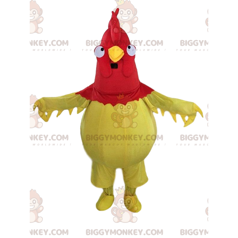 BIGGYMONKEY™ maskottiasu keltaisesta ja punaisesta kukosta BIGGYMONKEY™ maskottiasu keltaisesta ja punaisesta kukosta