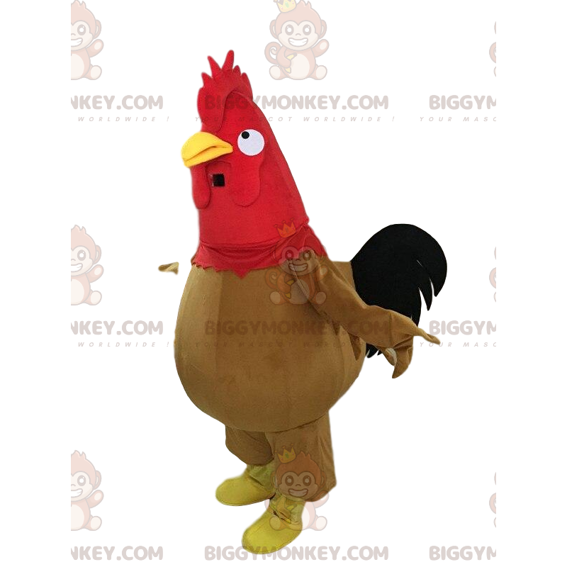 Fantasia de mascote BIGGYMONKEY™ de galo marrom, preto e Fantasia de mascote BIGGYMONKEY™ de galo marrom, preto e