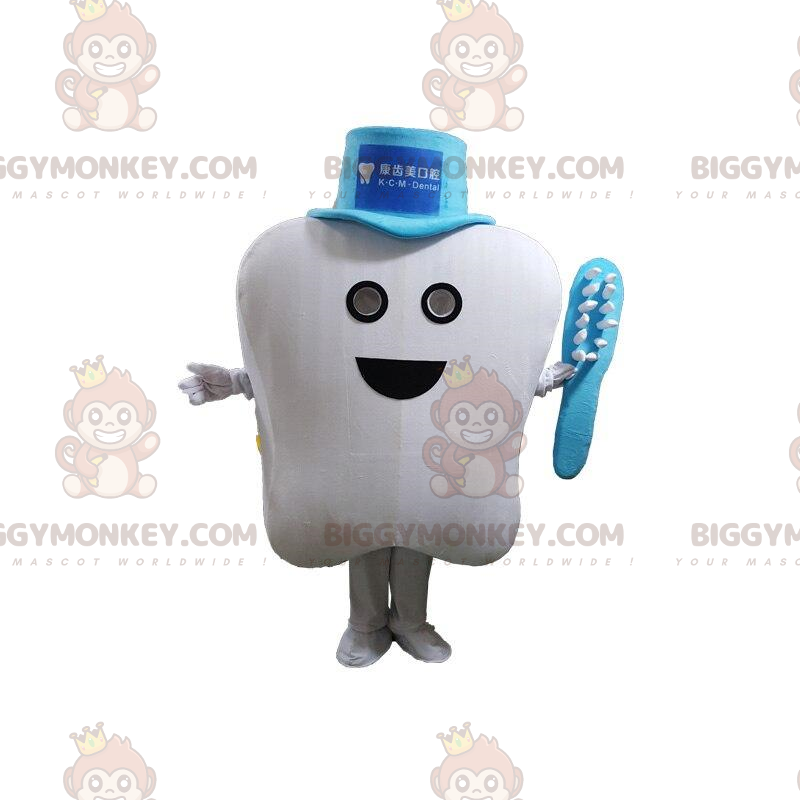 White tooth BIGGYMONKEY™ mascot costume with hat and toothbrush