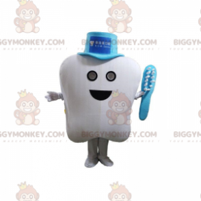 White tooth BIGGYMONKEY™ mascot costume with hat and toothbrush