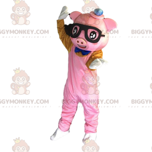 BIGGYMONKEY™ Mascot Costume Pink Dressed Pig With Glasses -
