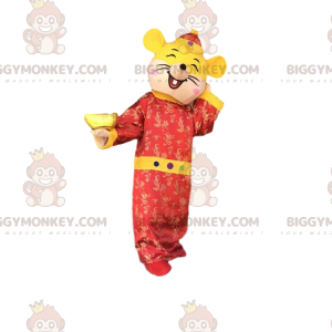 Keltainen ja punainen hiiren BIGGYMONKEY™ maskottiasu, iloinen