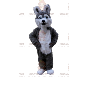 Kostým maskota psa BIGGYMONKEY™ Husky, kostým šedého a bílého