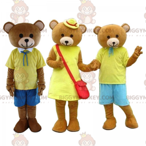 3 BIGGYMONKEY's mascotte bruine teddyberen gekleed in geel