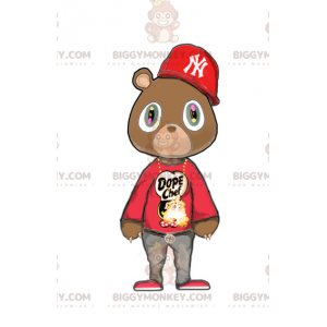 Kostým BIGGYMONKEY™ maskot hnědý medvěd v červeném hip-hopovém