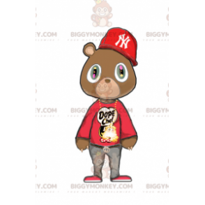 Kostým BIGGYMONKEY™ maskot hnědý medvěd v červeném hip-hopovém