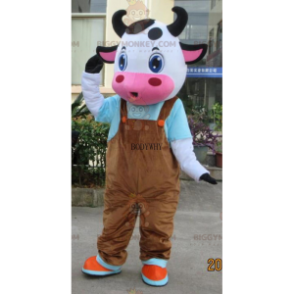 Kuhfell-BIGGYMONKEY™-Maskottchen-Kostüm mit braunem Overall -