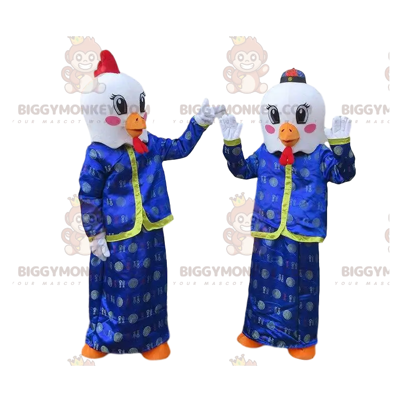 BIGGYMONKEY™s maskot af hvide kyllinger i asiatisk kjole BIGGYMONKEY™s maskot af hvide kyllinger i asiatisk kjole