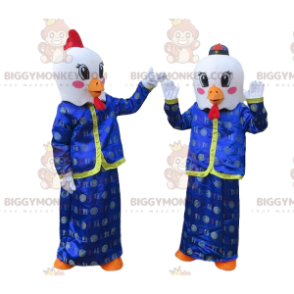 Maskot BIGGYMONKEY™ bílých kuřat v asijských šatech, kostýmech kohoutů - Slepice, kohouti, kuřata - BiggyMonkey.com