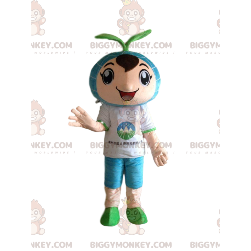 BIGGYMONKEY™-mascottekostuum voor jongens met spruit op het BIGGYMONKEY™-mascottekostuum voor jongens met spruit op het