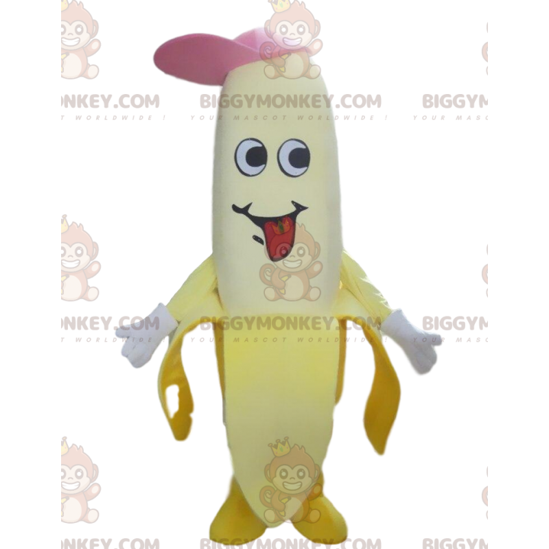 Costume de mascotte BIGGYMONKEY™ de banane avec une casquette Costume de mascotte BIGGYMONKEY™ de banane avec une casquette