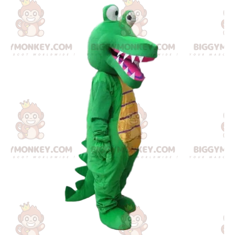 Traje de mascote BIGGYMONKEY™ de crocodilo verde e amarelo Traje de mascote BIGGYMONKEY™ de crocodilo verde e amarelo