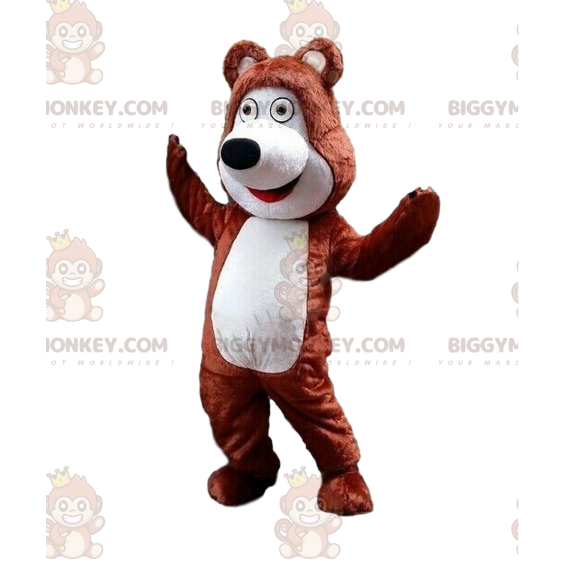 Traje de mascote de ursinho marrom e branco BIGGYMONKEY™, traje Traje de mascote de ursinho marrom e branco BIGGYMONKEY™, traje