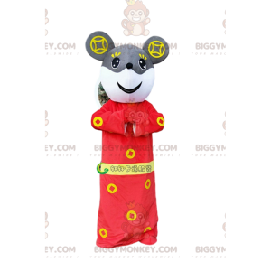 BIGGYMONKEY™ Mascot Costume Gray and White Mouse in Red Asian