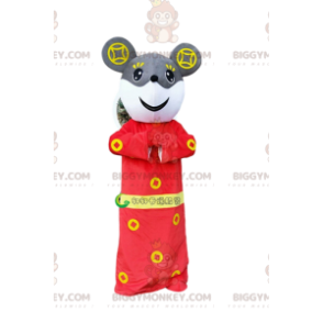 BIGGYMONKEY™ Mascottekostuum grijze en witte muis in rode Aziatische outfit - Muis mascotte - BiggyMonkey.com