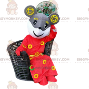BIGGYMONKEY™ Mascottekostuum grijze en witte muis in rode Aziatische outfit - Muis mascotte - BiggyMonkey.com