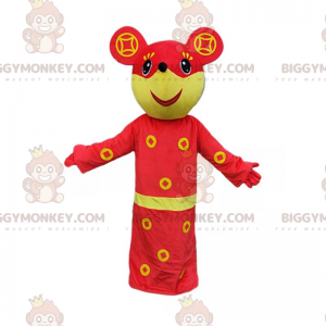 Keltainen ja punainen hiiren BIGGYMONKEY™ maskottiasu, iloinen