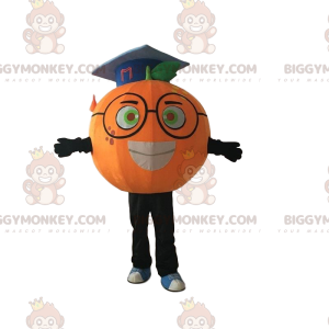 Orangefarbenes BIGGYMONKEY™-Maskottchen-Kostüm mit Brille und