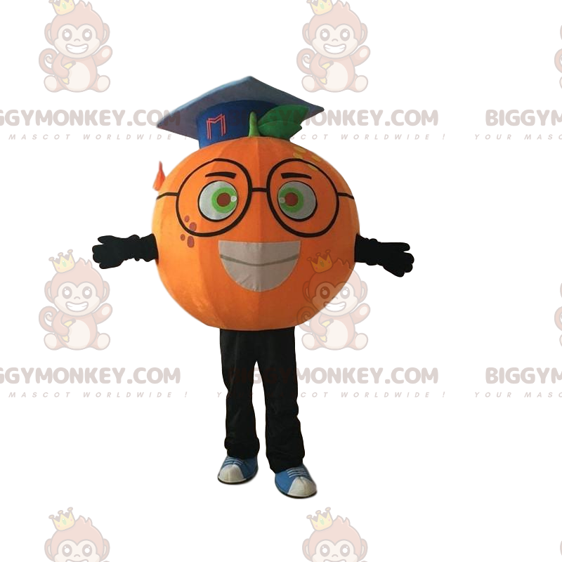 Orange BIGGYMONKEY™ Mascot Costume with Glasses and Grad Cap –