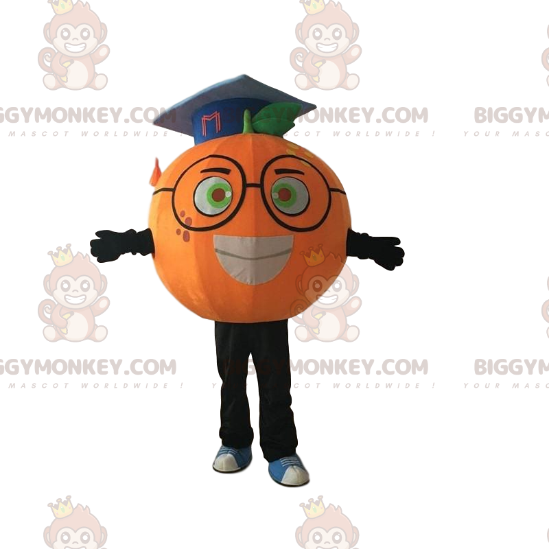 Orangefarbenes BIGGYMONKEY™-Maskottchen-Kostüm mit Brille und