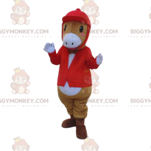 Traje de mascote BIGGYMONKEY™ de cavalo em traje de jóquei