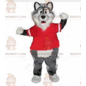BIGGYMONKEY™ mascot costume of gray and white wolf with a red