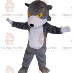Στολή μασκότ BIGGYMONKEY™ γκρι και λευκός λύκος με κίτρινα μάτια, στολή λύκου - Μασκότ λύκων - BiggyMonkey.com