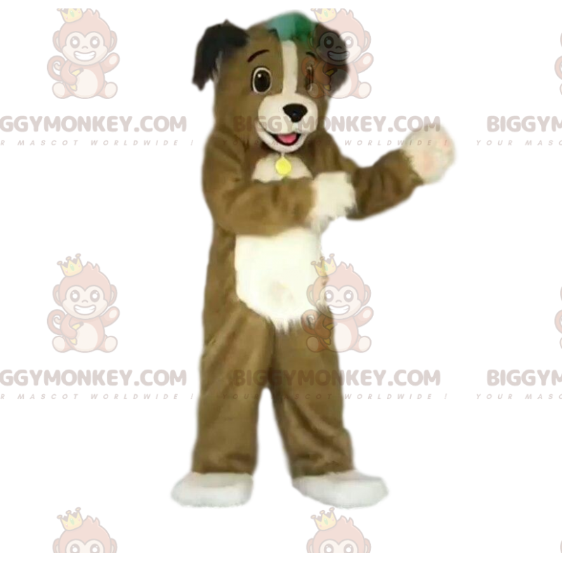 Ruskeavalkoinen koiran BIGGYMONKEY™ maskottiasu kauluksella - Ruskeavalkoinen koiran BIGGYMONKEY™ maskottiasu kauluksella -