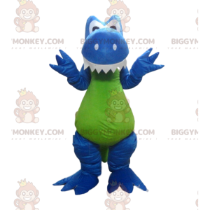 Blue and green dinosaur BIGGYMONKEY™ mascot costume, dinosaur