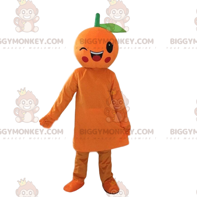 Winking giant orange BIGGYMONKEY™ mascot costume, fruit costume