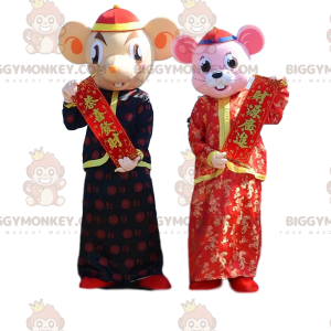 2 musemaskotter BIGGYMONKEY™s i traditionelle asiatiske dragter