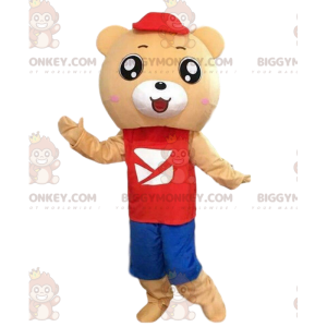 BIGGYMONKEY™ Teddy Bear Mascot Costume in Red and Blue Outfit -