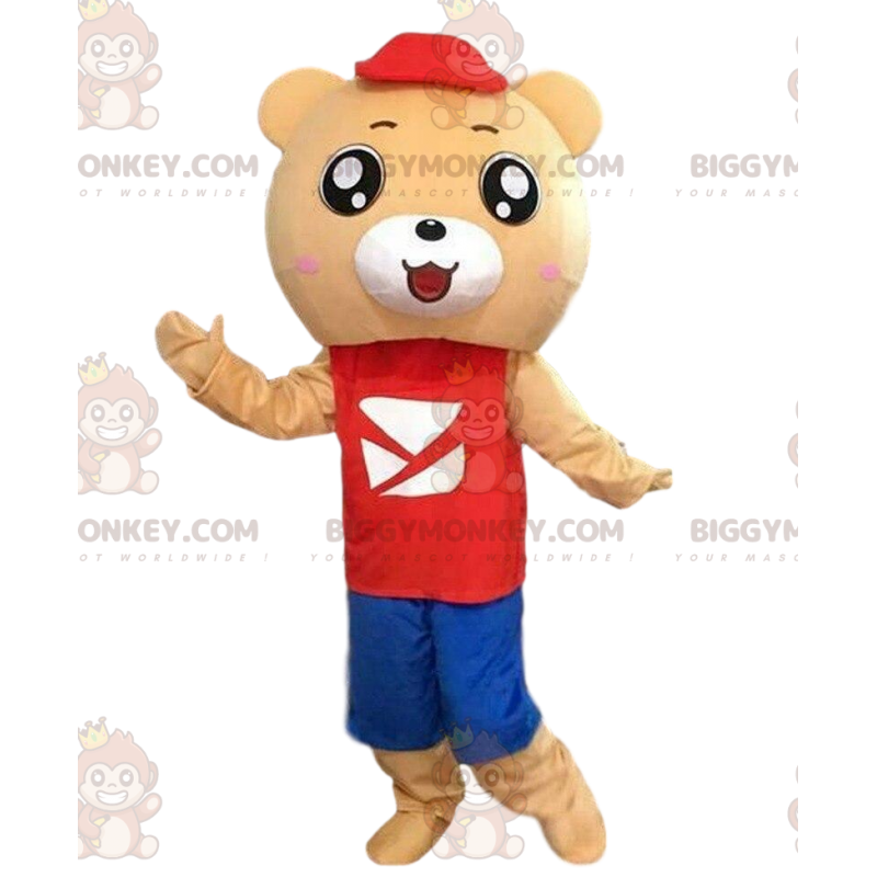 Στολή μασκότ BIGGYMONKEY™ Teddy Bear σε κόκκινο και μπλε ντύσιμο - Μασκότ αρκούδας - BIGGYMONKEY_09937 - BiggyMonkey.com