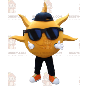 Traje de mascote BIGGYMONKEY™ Sol amarelo com óculos de sol –