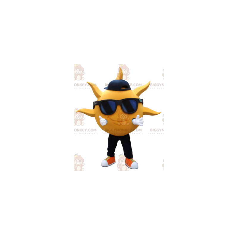 Costume de mascotte BIGGYMONKEY™ en forme de soleil jaune avec Costume de mascotte BIGGYMONKEY™ en forme de soleil jaune avec