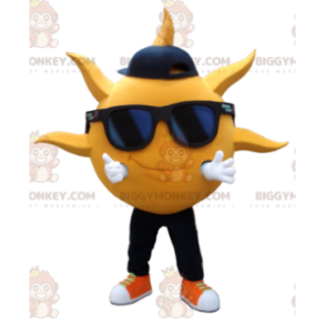 Traje de mascote BIGGYMONKEY™ Sol amarelo com óculos de sol –