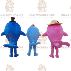 3 bunte Wal-Maskottchen von BIGGYMONKEY™, 3 riesige Fische -