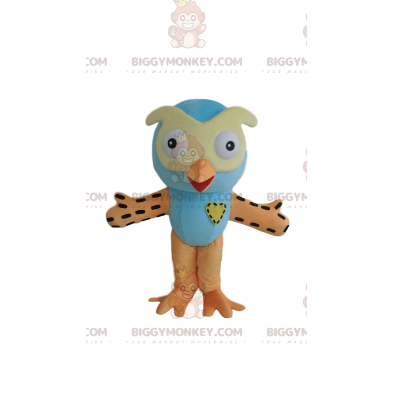 BIGGYMONKEY™ mascot costume blue and orange owl, colorful owl BIGGYMONKEY™ mascot costume blue and orange owl, colorful owl
