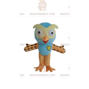 BIGGYMONKEY™ maskot kostume blå og orange ugle, farverigt ugle