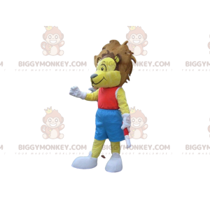 Στολή μασκότ BIGGYMONKEY™ με κίτρινο λιοντάρι με κόκκινο και