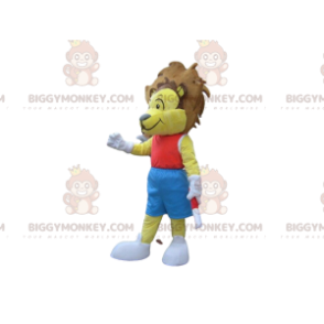 Στολή μασκότ BIGGYMONKEY™ με κίτρινο λιοντάρι με κόκκινο και
