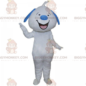 Traje de mascote de cachorro branco e azul sorridente