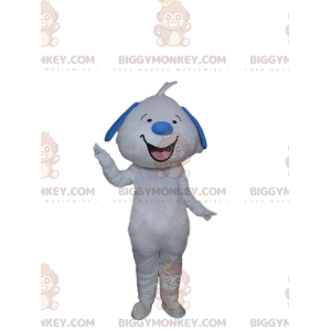 Traje de mascote de cachorro branco e azul sorridente