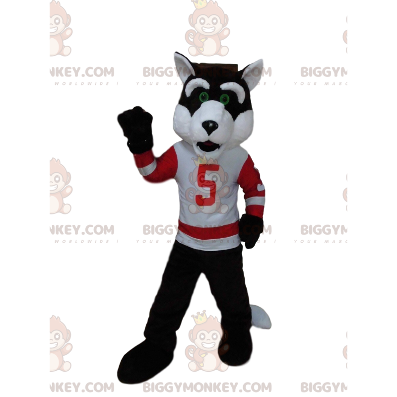 Costume de mascotte BIGGYMONKEY™ de loup en tenue de sport Costume de mascotte BIGGYMONKEY™ de loup en tenue de sport