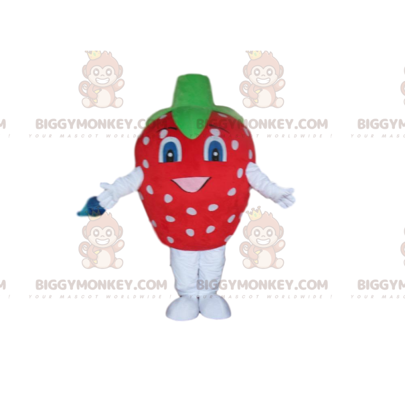 Costume de mascotte BIGGYMONKEY™ de fraise rouge à pois blancs Costume de mascotte BIGGYMONKEY™ de fraise rouge à pois blancs