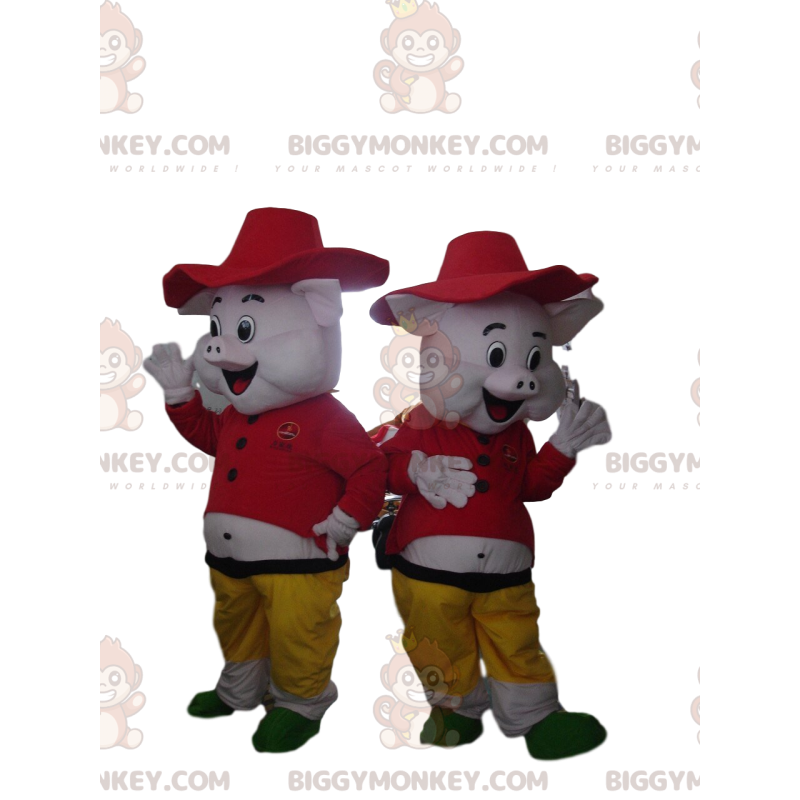 2 mascot BIGGYMONKEY™s of pigs from the cartoon "The 3 little