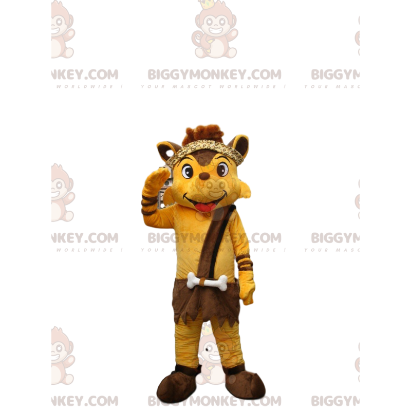 Yellow Fox BIGGYMONKEY™ maskottiasu Cro-Magnon-asuun pukeutunut Yellow Fox BIGGYMONKEY™ maskottiasu Cro-Magnon-asuun pukeutunut