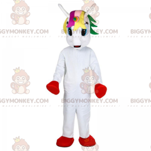 Λευκή στολή μασκότ BIGGYMONKEY™ Unicorn με πολύχρωμο κεφάλι - Μασκότ ζώων που λείπουν - BIGGYMONKEY_010100 - BiggyMonkey.com