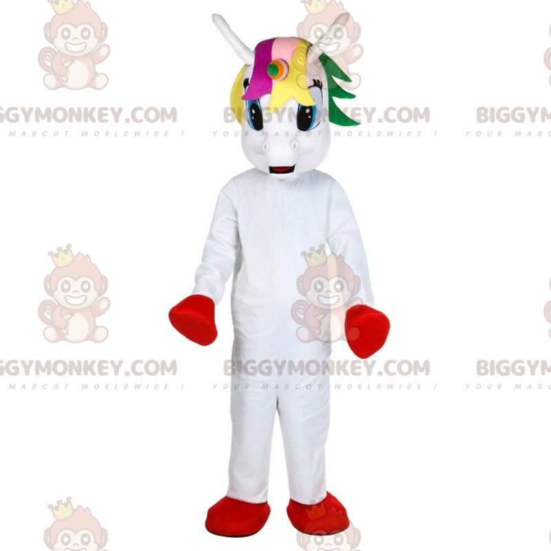 Vit Unicorn BIGGYMONKEY™ maskotdräkt med färgglatt huvud - Vit Unicorn BIGGYMONKEY™ maskotdräkt med färgglatt huvud -